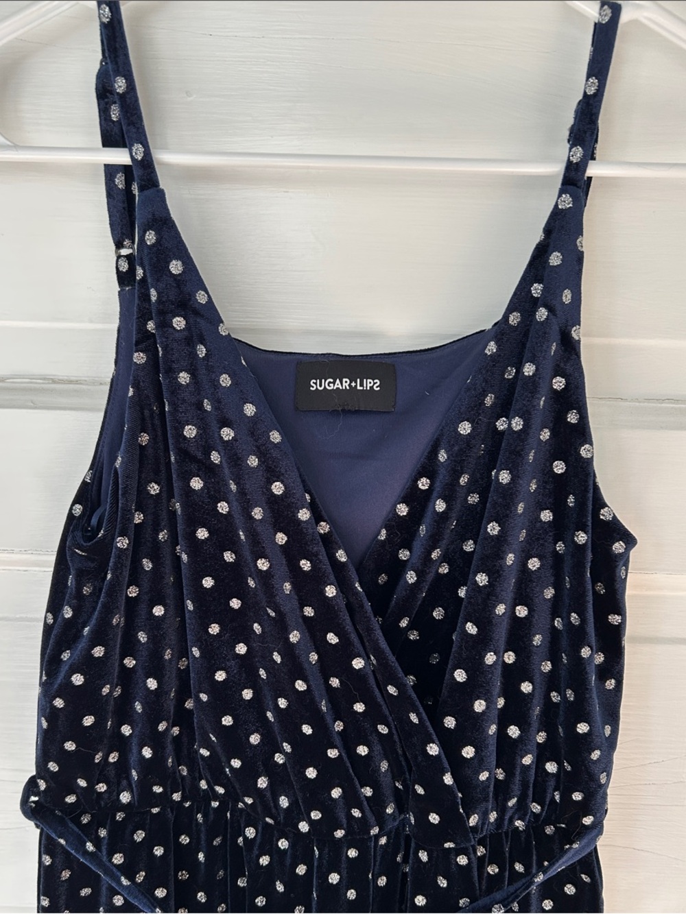 Sugar+Lips Navy Velvet Jumpsuit with Silver Glitter Polka Dots